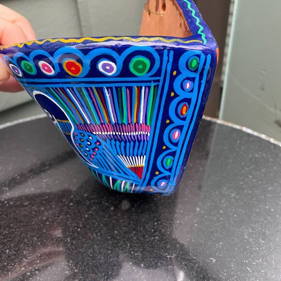 Handcrafted Talavera Mexican Pottery Wall Planter Blue Birds 5" Tall - Picture 2 of 6